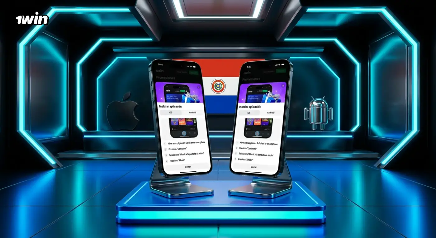 Dos celulares en un escenario de luces azules muestran la instalación de la app de 1win con la bandera de Paraguay