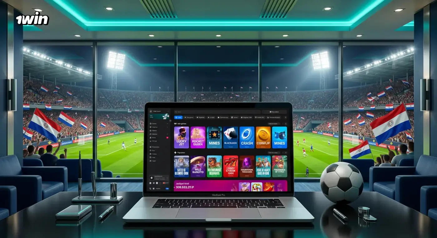 Laptop con 1win frente a un estadio de fútbol lleno con banderas de Paraguay